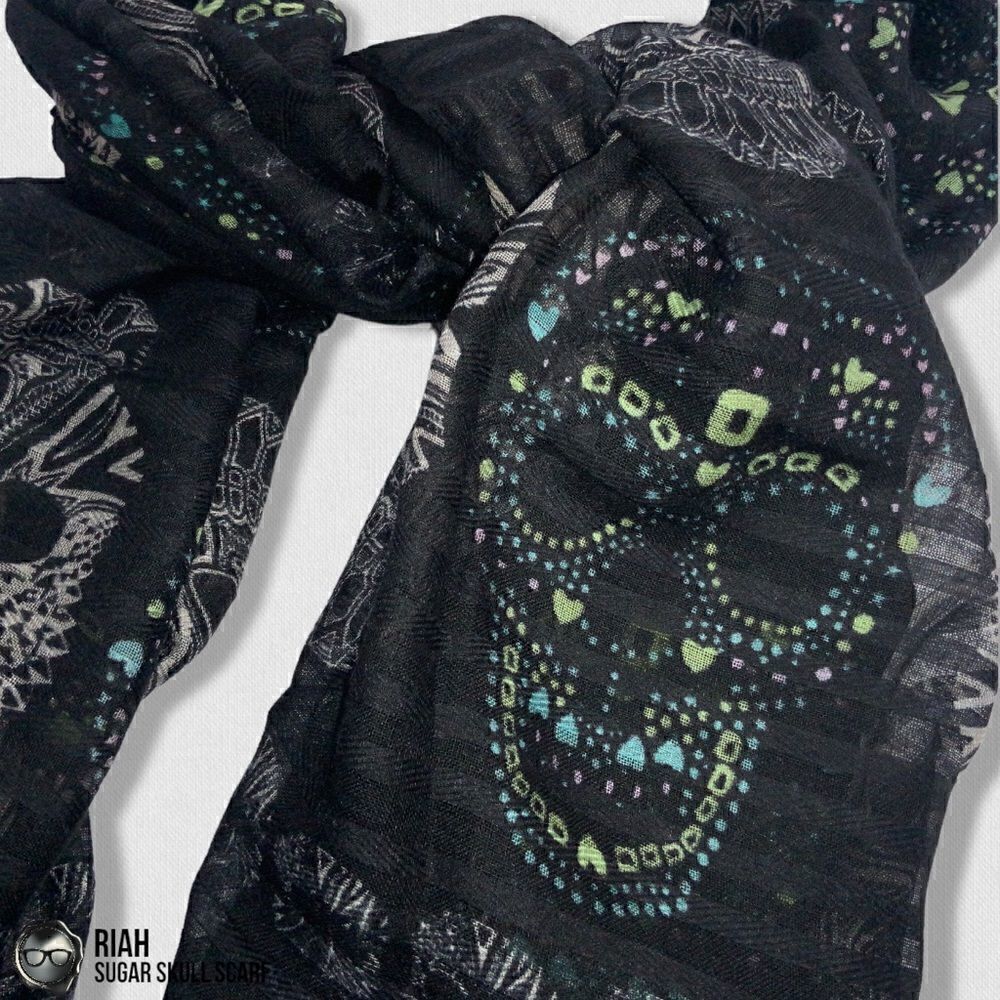 LIGHTWEIGHT GAUZY SUGAR SKULL PRINT SCARF WRAP SHAWL IN BLACK HALLOWEEN MUERTOS - Picture 5 of 12